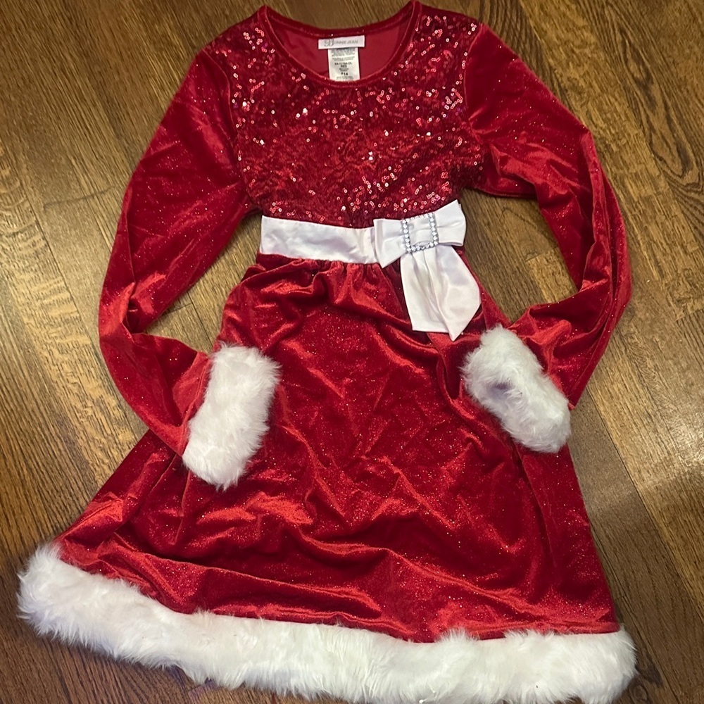Bonnie Jean Girls Dress Red and White with Sequins and Faux Fur  - EUC size 14